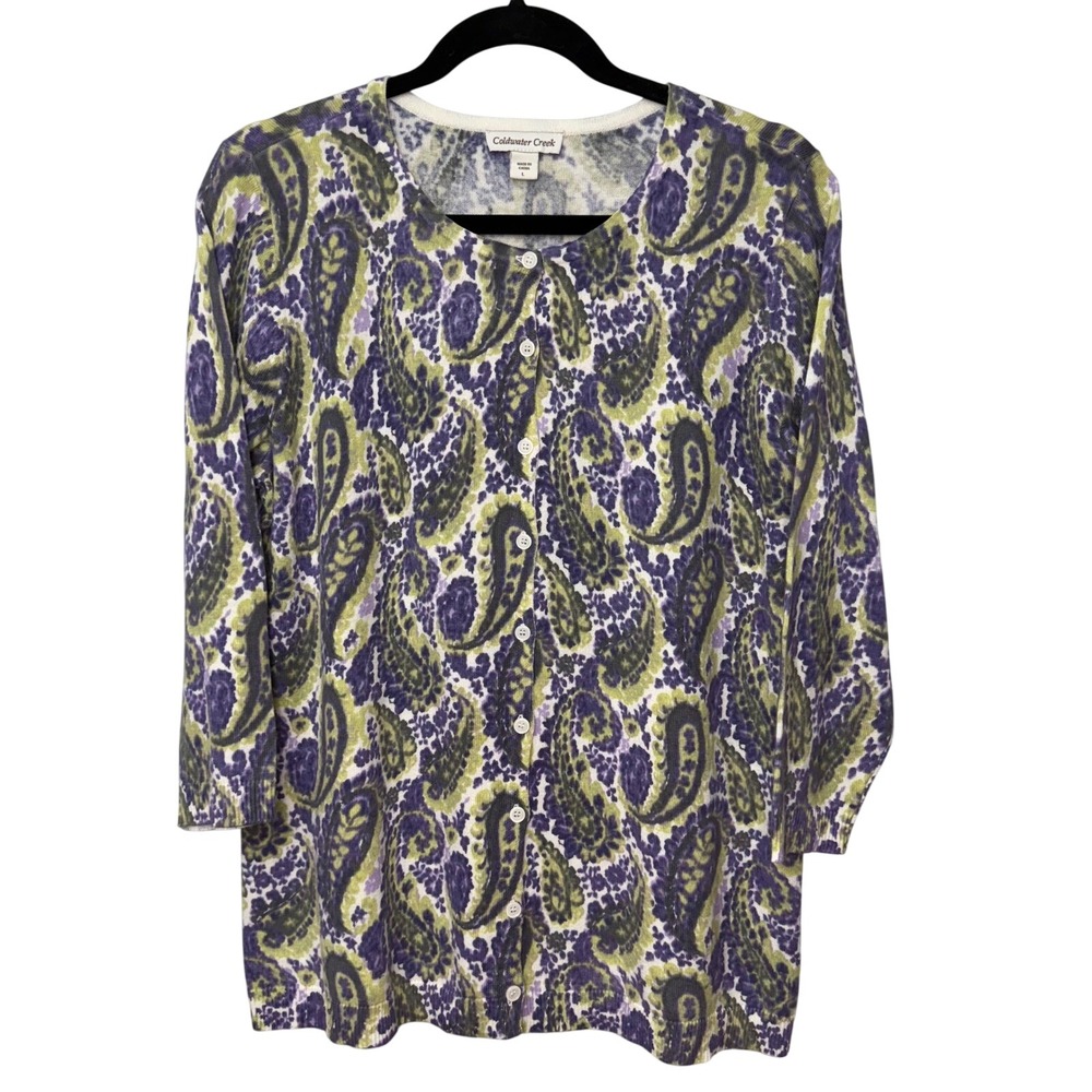 Coldwater Creek Water Color Paisley Cardigan Button Front 3/4 Sleeve Large